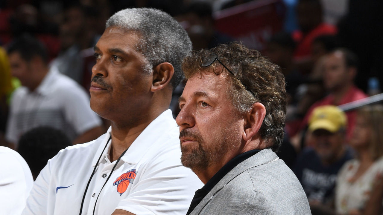 LAS VEAGS, NV - JULY 10: Steve Mills and James Dolan of the New York Knicks are seen before the game against the Los Angeles Lakers during the 2018 Las Vegas Summer League on July 10, 2018 at the Thomas & Mack Center in Las Vegas, Nevada. NOTE TO USER: User expressly acknowledges and agrees that, by downloading and/or using this Photograph, user is consenting to the terms and conditions of the Getty Images License Agreement. Mandatory Copyright Notice: Copyright 2018 NBAE