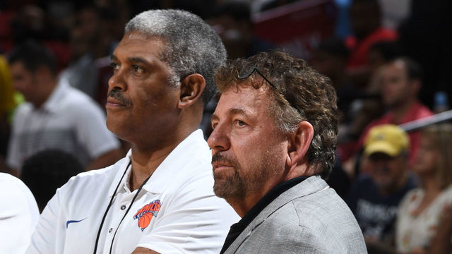 LAS VEAGS, NV - JULY 10: Steve Mills and James Dolan of the New York Knicks are seen before the game against the Los Angeles Lakers during the 2018 Las Vegas Summer League on July 10, 2018 at the Thomas & Mack Center in Las Vegas, Nevada. NOTE TO USER: User expressly acknowledges and agrees that, by downloading and/or using this Photograph, user is consenting to the terms and conditions of the Getty Images License Agreement. Mandatory Copyright Notice: Copyright 2018 NBAE
