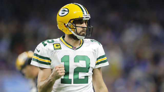 DETROIT, MI - DECEMBER 29: Aaron Rodgers #12 of the Green Bay Packers celebrates his touchdown pass to Davante Adams #17 of the Green Bay Packers in the third quarter against the Detroit Lions at Ford Field on December 29, 2019 in Detroit, Michigan.