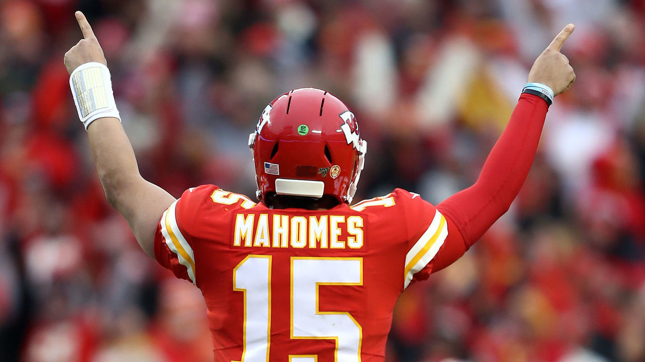 KANSAS CITY, MISSOURI - DECEMBER 29: Quarterback Patrick Mahomes #15 of the Kansas City Chiefs celebrates after a touchdown during the game against the Los Angeles Chargers at Arrowhead Stadium on December 29, 2019 in Kansas City, Missouri.