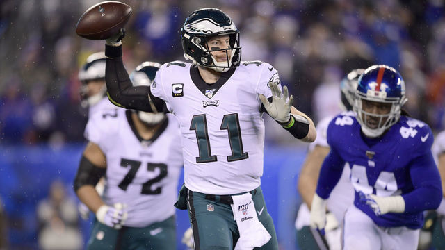 EAST RUTHERFORD, NEW JERSEY - DECEMBER 29: Carson Wentz #11 of the Philadelphia Eagles throws a pass against the New York Giants during the first quarter in the game at MetLife Stadium on December 29, 2019 in East Rutherford, New Jersey.