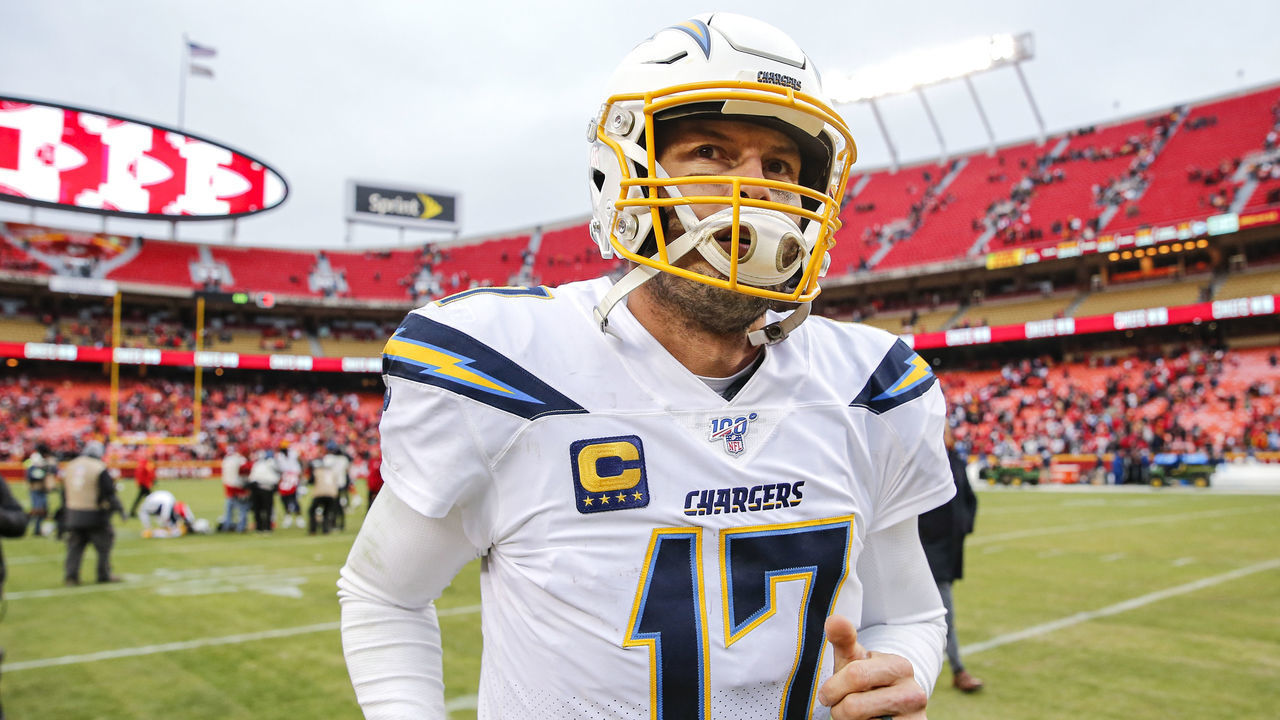 KANSAS CITY, MO - DECEMBER 29: Philip Rivers #17 of the Los Angeles Chargers ran off the field following the 31-21 loss to the Kansas City Chiefs at Arrowhead Stadium on December 29, 2019 in Kansas City, Missouri.