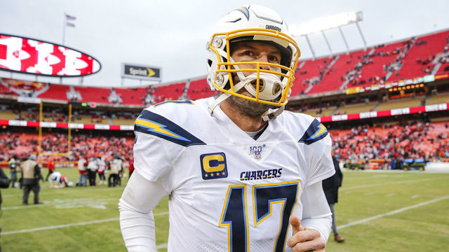 KANSAS CITY, MO - DECEMBER 29: Philip Rivers #17 of the Los Angeles Chargers ran off the field following the 31-21 loss to the Kansas City Chiefs at Arrowhead Stadium on December 29, 2019 in Kansas City, Missouri.