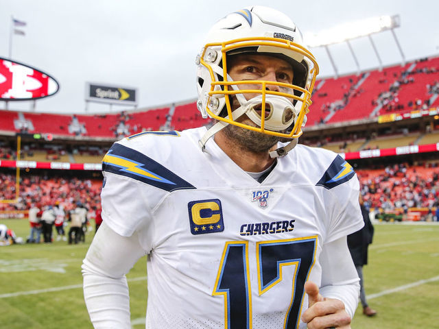 KANSAS CITY, MO - DECEMBER 29: Philip Rivers #17 of the Los Angeles Chargers ran off the field following the 31-21 loss to the Kansas City Chiefs at Arrowhead Stadium on December 29, 2019 in Kansas City, Missouri.