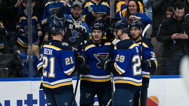 ST. LOUIS, MO - DECEMBER 29: Robert Thomas #18 of the St. Louis Blues is congratulated by teammates after scoring a goal against the Winnipeg Jets at Enterprise Center on December 29, 2019 in St. Louis, Missouri.