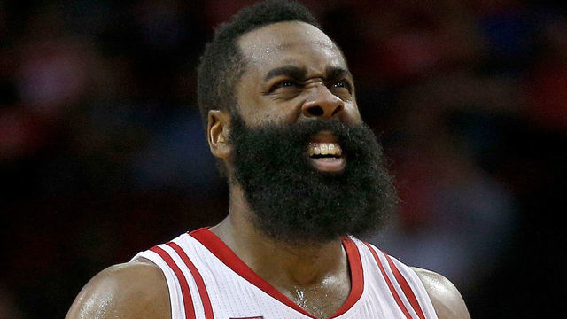 HOUSTON, TX - JANUARY 10: James Harden #13 of the Houston Rockets winces after being in the eye in the fourth quarter against the Charlotte Hornets at Toyota Center on January 10, 2017 in Houston, Texas. NOTE TO USER: User expressly acknowledges and agrees that, by downloading and/or using this photograph, user is consenting to the terms and conditions of the Getty Images License Agreement.