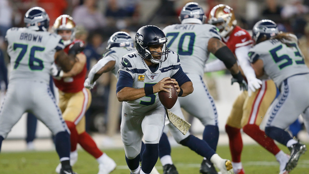 SANTA CLARA, CALIFORNIA - NOVEMBER 11: Quarterback Russell Wilson #3 of the Seattle Seahawks looks to pass the ball in the second quarter against the San Francisco 49ers at Levi's Stadium on November 11, 2019 in Santa Clara, California.