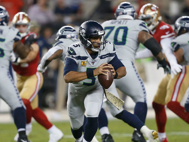 SANTA CLARA, CALIFORNIA - NOVEMBER 11: Quarterback Russell Wilson #3 of the Seattle Seahawks looks to pass the ball in the second quarter against the San Francisco 49ers at Levi's Stadium on November 11, 2019 in Santa Clara, California.