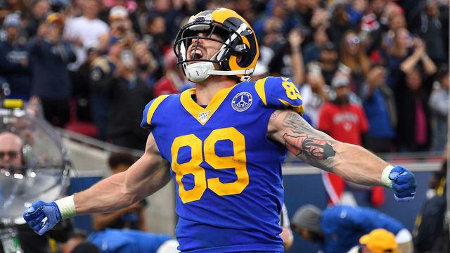 LOS ANGELES, CA - DECEMBER 29: Tight end Tyler Higbee #89 of the Los Angeles Rams celebrates after catching a touchdown pass in the fourth quarter of the game against the Arizona Cardinals at the Los Angeles Memorial Coliseum on December 29, 2019 in Los Angeles, California.