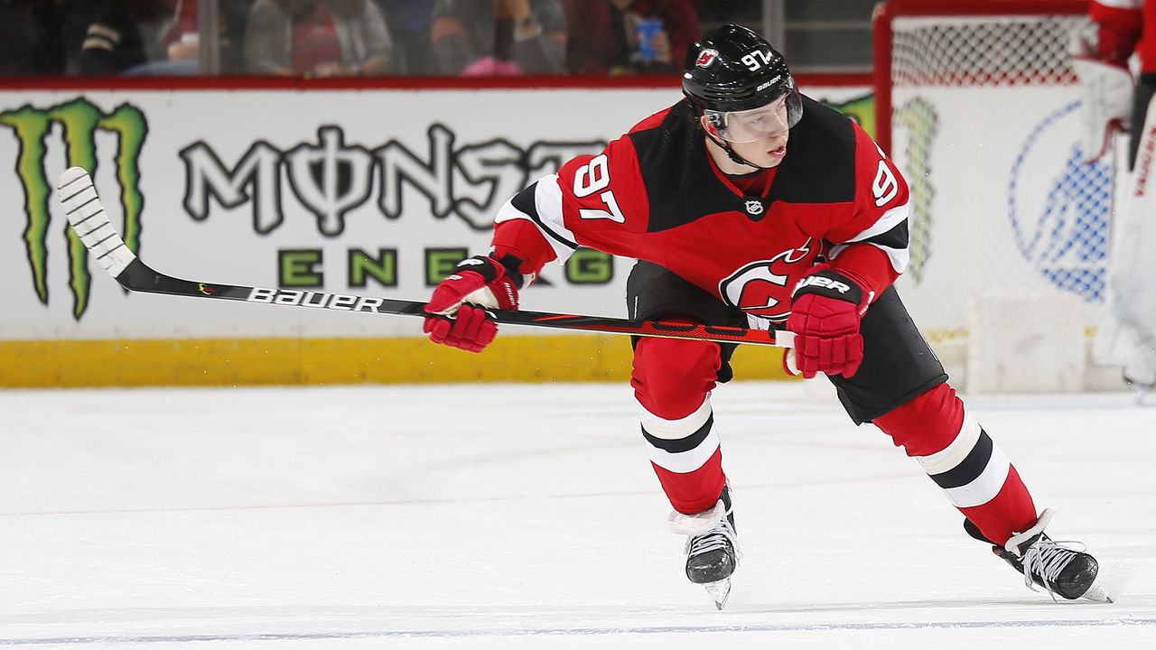 NEWARK, NJ - DECEMBER 27: Nikita Gusev #97 of the New Jersey Devils skates against the Toronto Maple Leafs during the game at the Prudential Center on December 27, 2019 in Newark, New Jersey. "n"n"n