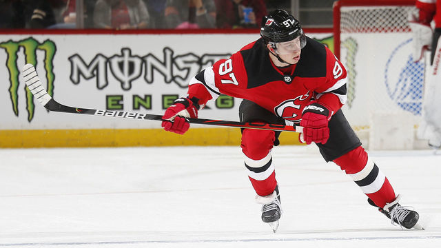 NEWARK, NJ - DECEMBER 27: Nikita Gusev #97 of the New Jersey Devils skates against the Toronto Maple Leafs during the game at the Prudential Center on December 27, 2019 in Newark, New Jersey. "n"n"n