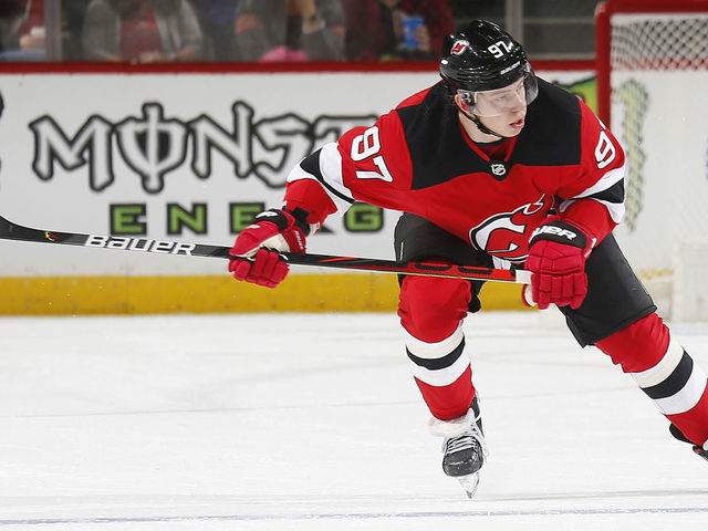 NEWARK, NJ - DECEMBER 27: Nikita Gusev #97 of the New Jersey Devils skates against the Toronto Maple Leafs during the game at the Prudential Center on December 27, 2019 in Newark, New Jersey. "n"n"n