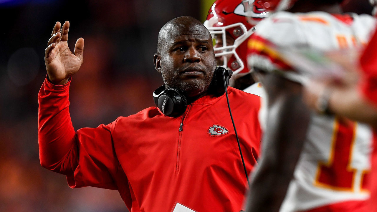 DENVER, CO - OCTOBER 17: Offensive coordinator Eric Bieniemy of the Kansas City Chiefs works on the sideline during a game against the Denver Broncos at Empower Field at Mile High on October 17, 2019 in Denver, Colorado.