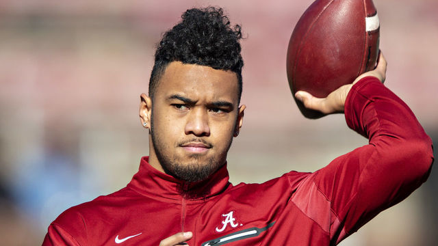 FAYETTEVILLE, AR - NOVEMBER 9: Tua Tagovailoa #13 of the Alabama Crimson Tide warms up before a game against the Mississippi State Bulldogs at Davis Wade Stadium on November 16, 2019 in Starkville, Mississippi. The Crimson Tide defeated the Bulldogs 38-7.
