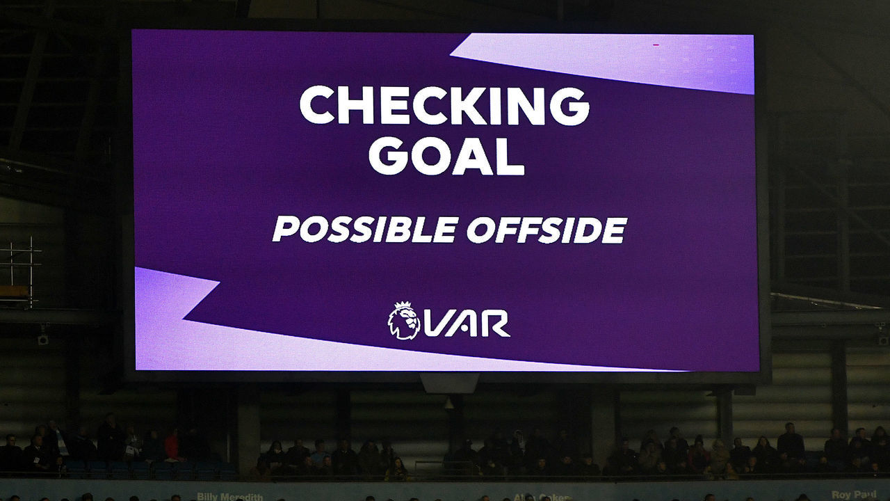 The big screen shows VAR checking for possible offside against Sheffield United's Lys Mousset (not pictured) Manchester City v Sheffield United - Premier League - Etihad Stadium 29-12-2019 .