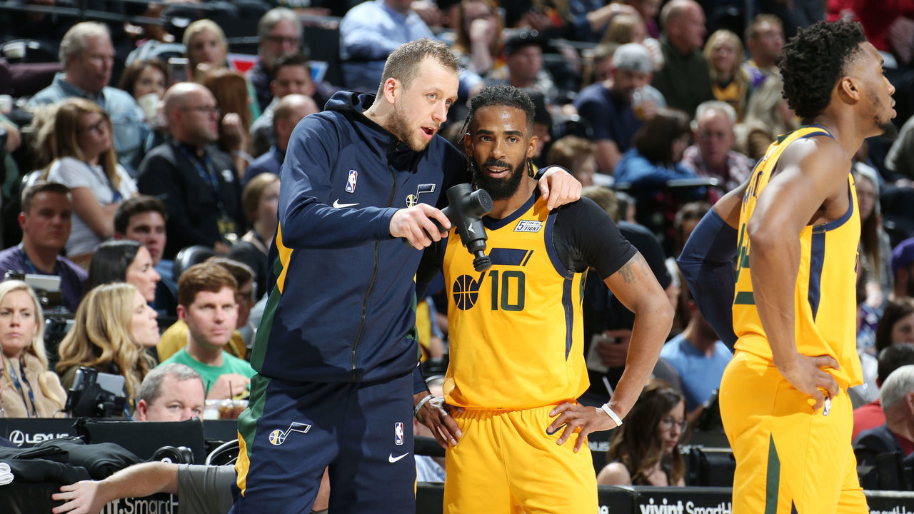 SALT LAKE CITY, UT - NOVEMBER 6: Joe Ingles #2 of the Utah Jazz and Mike Conley #10 of the Utah Jazz huddle up during the game against the Philadelphia 76ers on November 6, 2019 at vivint.SmartHome Arena in Salt Lake City, Utah. Mandatory Copyright Notice: Copyright 2019 NBAE