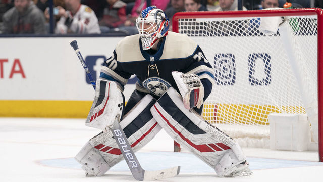 COLUMBUS, OH - DECEMBER 29: Columbus Blue Jackets goaltender Joonas Korpisalo (70) in net during the game between the Columbus Blue Jackets and the Chicago Blackhawks at Nationwide Arena in Columbus, Ohio on December 29, 2019.