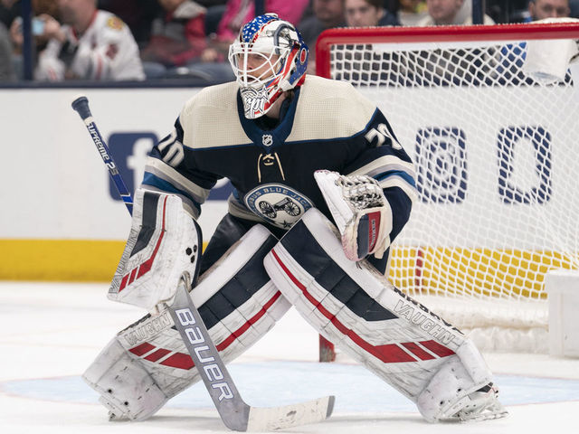 COLUMBUS, OH - DECEMBER 29: Columbus Blue Jackets goaltender Joonas Korpisalo (70) in net during the game between the Columbus Blue Jackets and the Chicago Blackhawks at Nationwide Arena in Columbus, Ohio on December 29, 2019.