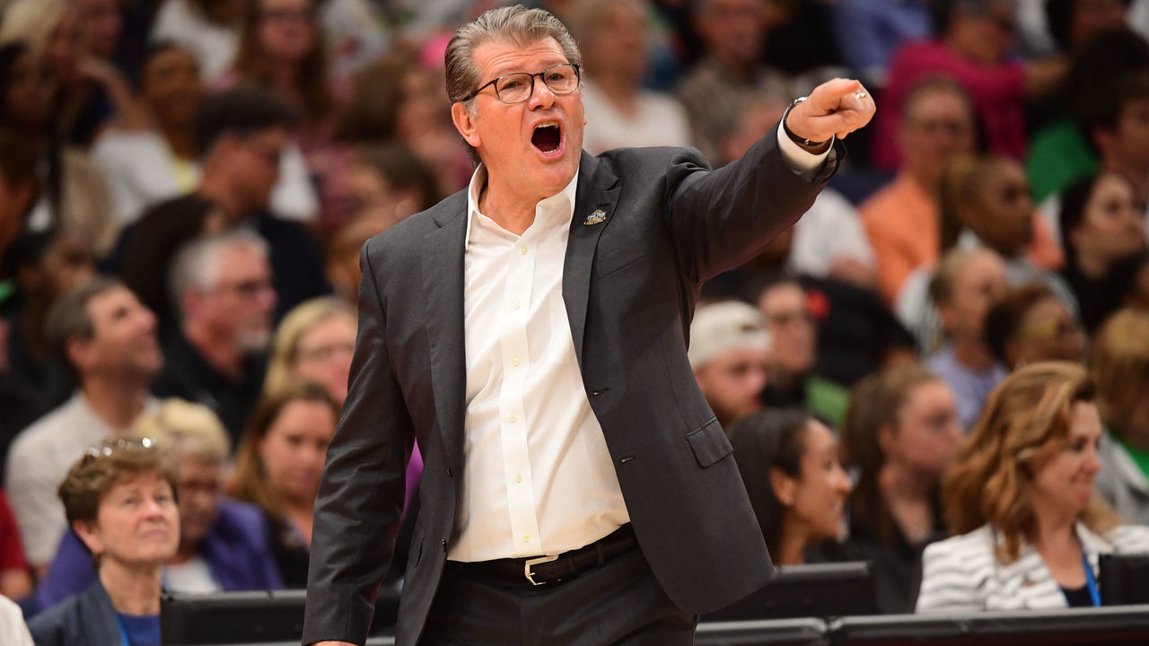 TAMPA, FL - APRIL 05: Head coach Geno Auriemma of the Connecticut Huskies instructs his team against the Notre Dame Fighting Irish at Amalie Arena on April 5, 2019 in Tampa, Florida.