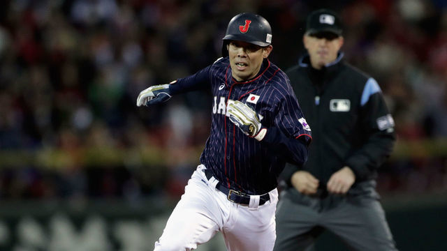 HIROSHIMA, JAPAN - NOVEMBER 13: Outfielder Shogo Akiyama #55 of Japan runs to make an inside-the-park home run in the top of 8th inning during the game four between Japan and MLB All Stars at Mazda Zoom Zoom Stadium Hiroshima on November 13, 2018 in Hiroshima, Japan.