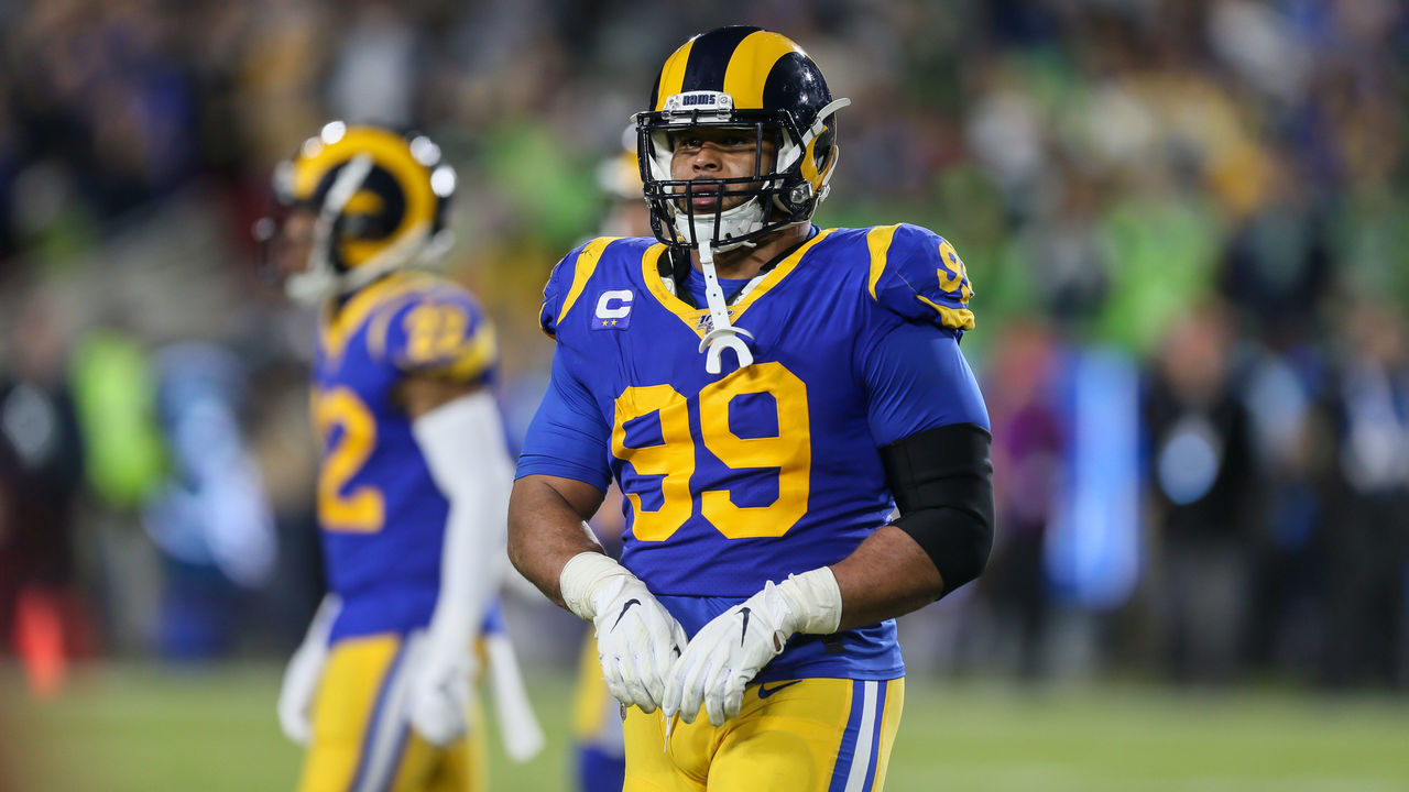 LOS ANGELES, CA - DECEMBER 08: Los Angeles Rams defensive tackle Aaron Donald (99) during the NFL game between the Seattle Seahawks and the Los Angeles Rams on December 08, 2019, at the Los Angeles Memorial Coliseum in Los Angeles, CA.