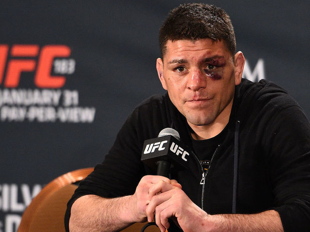 LAS VEGAS, NV - JANUARY 31: Nick Diaz interacts with the media during the UFC 183 post fight press conference at the MGM Grand Garden Arena on January 31, 2015 in Las Vegas, Nevada.