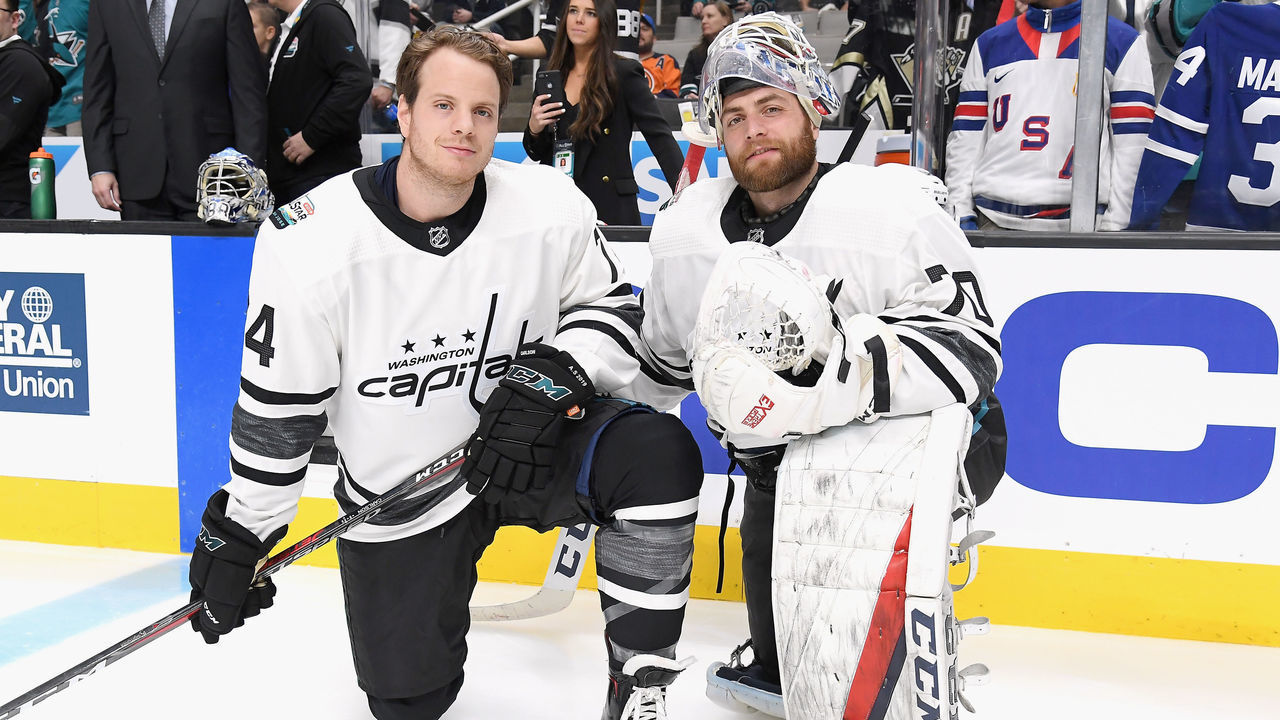 SAN JOSE, CA - JANUARY 26: John Carlson #74 and goaltender Braden Holtby #70 of the Washington Capitals pose together during warm-ups prior to the 2019 Honda NHL All-Star Game at SAP Center on January 26, 2019 in San Jose, California.