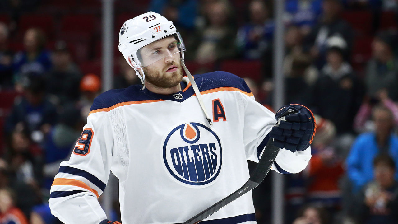 VANCOUVER, BC - DECEMBER 23: Leon Draisaitl #29 of the Edmonton Oilers skates up the ice during warmup before their NHL game against the Vancouver Canucks at Rogers Arena December 23, 2019 in Vancouver, British Columbia, Canada.