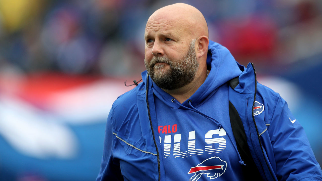 ORCHARD PARK, NEW YORK - OCTOBER 27: Offensive Coordinator Brian Daboll of the Buffalo Bills walks to the field before an NFL game against the Philadelphia Eagles at New Era Field on October 27, 2019 in Orchard Park, New York.