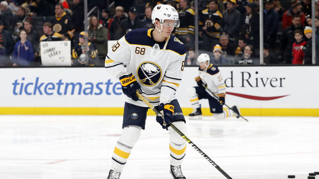 BOSTON, MA - DECEMBER 29: Buffalo Sabres left wing Victor Olofsson (68) in warm up before a game between the Boston Bruins and the Buffalo Sabres on December 29, 2019, at TD Garden in Boston, Massachusetts.