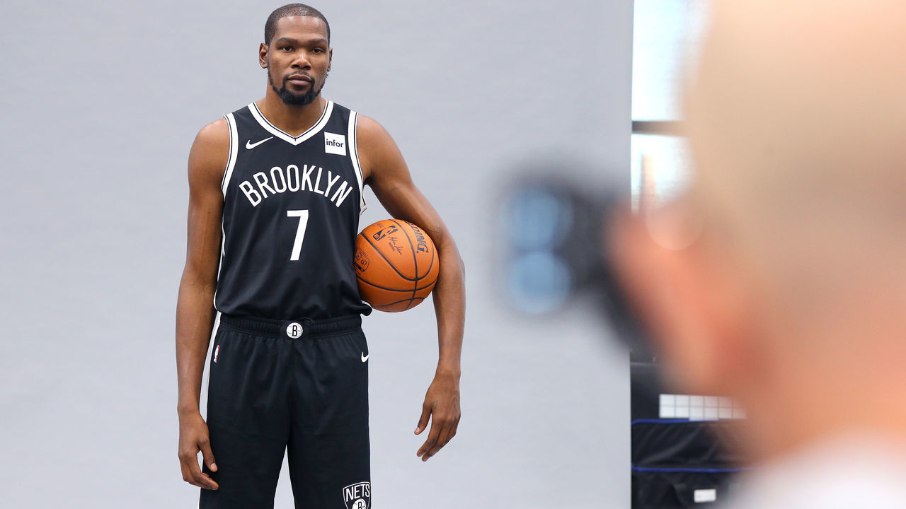 NEW YORK, NEW YORK - SEPTEMBER 27: Kevin Durant #7 of the Brooklyn Nets poses during Brooklyn Nets Media Day at HSS Training Center on September 27, 2019 in the Brooklyn Borough of New York City.