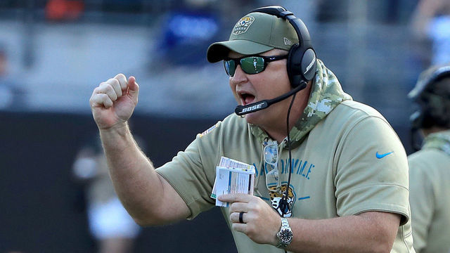 JACKSONVILLE, FLORIDA - DECEMBER 01: Head coach Doug Marrone of the Jacksonville Jaguars reacts to a touchdown during the game against the Tampa Bay Buccaneers at TIAA Bank Field on December 01, 2019 in Jacksonville, Florida.