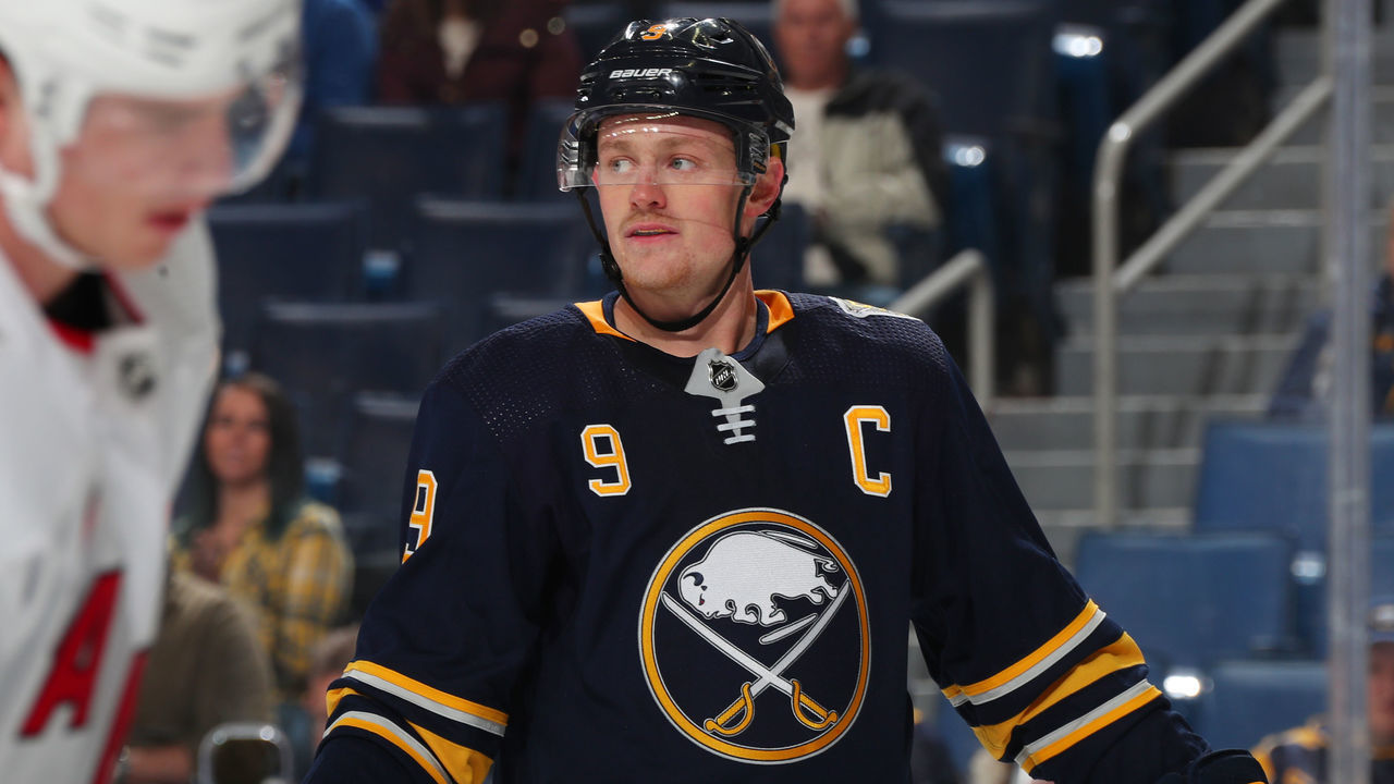 BUFFALO, NY - NOVEMBER 14: Jack Eichel #9 of the Buffalo Sabres prepares for a faceoff during an NHL game against the Carolina Hurricanes on November 14, 2019 at KeyBank Center in Buffalo, New York.