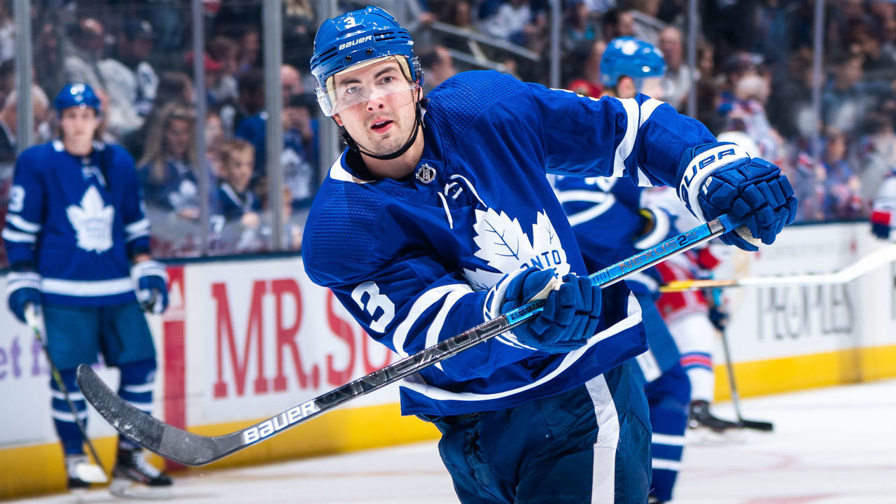 TORONTO, ON - DECEMBER 28: Justin Holl #3 of the Toronto Maple Leafs during warm up before a game against the New York Rangers at the Scotiabank Arena on December 28, 2019 in Toronto, Ontario, Canada.