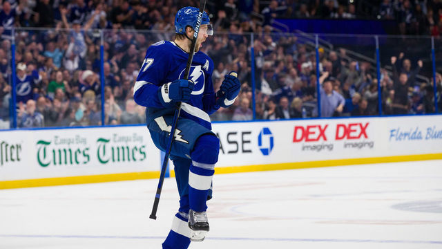 TAMPA, FL - DECEMBER 23: Victor Hedman #77 of the Tampa Bay Lightning celebrates a goal against the Florida Panthers during the first period at Amalie Arena on December 23, 2019 in Tampa, Florida