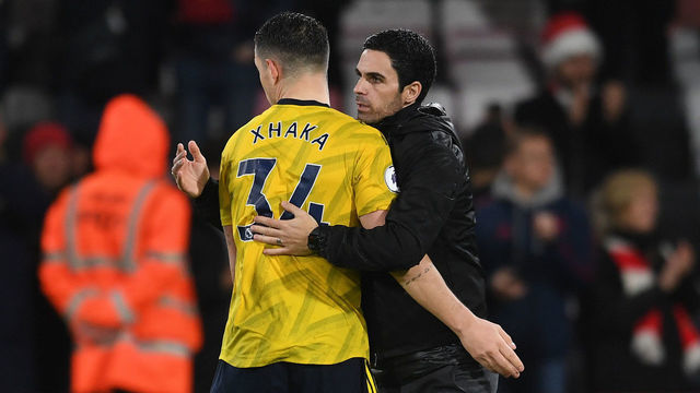 BOURNEMOUTH, ENGLAND - DECEMBER 26: Mikel Arteta the Arsenal Head Coach with Granit Xhaka of Arsenal after the Premier League match between AFC Bournemouth and Arsenal FC at Vitality Stadium on December 26, 2019 in Bournemouth, United Kingdom.