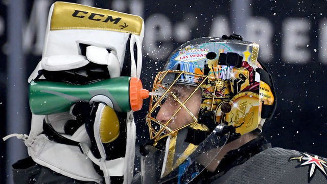 LAS VEGAS, NEVADA - DECEMBER 28: Marc-Andre Fleury #29 of the Vegas Golden Knights takes a break during a stop in play in the first period of a game against the Arizona Coyotes at T-Mobile Arena on December 28, 2019 in Las Vegas, Nevada. The Golden Knights defeated the Coyotes 4-1.