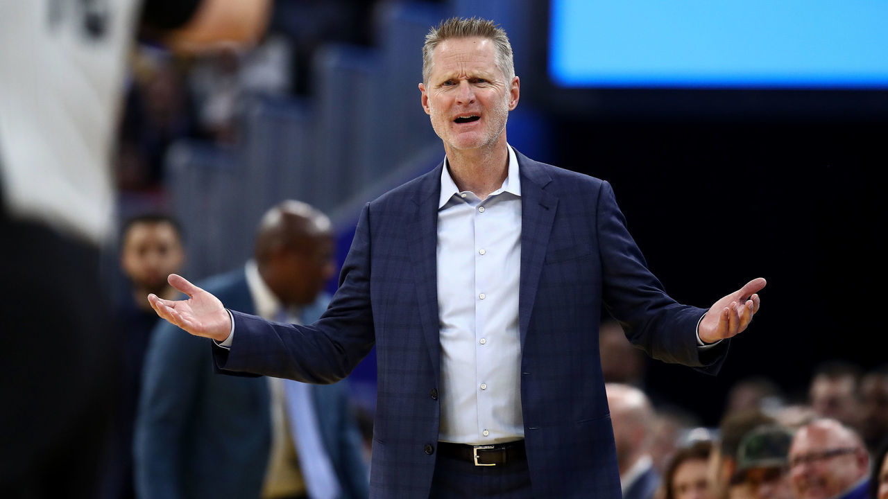 SAN FRANCISCO, CALIFORNIA - DECEMBER 23: Head coach Steve Kerr of the Golden State Warriors complains about a call during their game against the Minnesota Timberwolves at Chase Center on December 23, 2019 in San Francisco, California. NOTE TO USER: User expressly acknowledges and agrees that, by downloading and/or using this photograph, user is consenting to the terms and conditions of the Getty Images License Agreement.