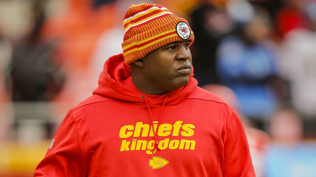 KANSAS CITY, MO - DECEMBER 29: Kansas City Chiefs offensive coordinator Eric Bieniemy walks the field prior to the game against the Los Angeles Chargers at Arrowhead Stadium on December 29, 2019 in Kansas City, Missouri.