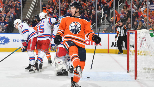 EDMONTON, AB - DECEMBER 31: Ryan Nugent-Hopkins #93 of the Edmonton Oilers celebrates after scoring a goal during the game against the New York Rangers on December 31, 2019, at Rogers Place in Edmonton, Alberta, Canada.