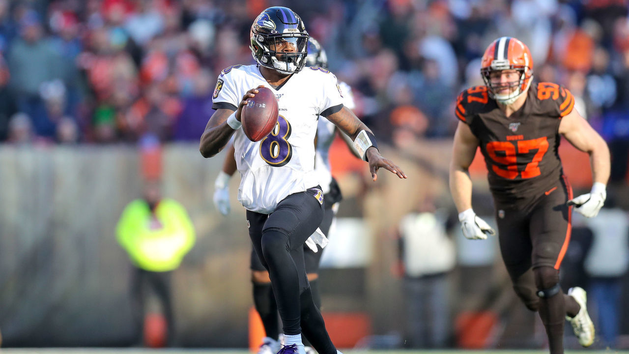 CLEVELAND, OH - DECEMBER 22: Baltimore Ravens quarterback Lamar Jackson (8) rolls out of the pocket during the third quarter of the National Football League game between the Baltimore Ravens and Cleveland Browns on December 22, 2019, at FirstEnergy Stadium in Cleveland, OH.