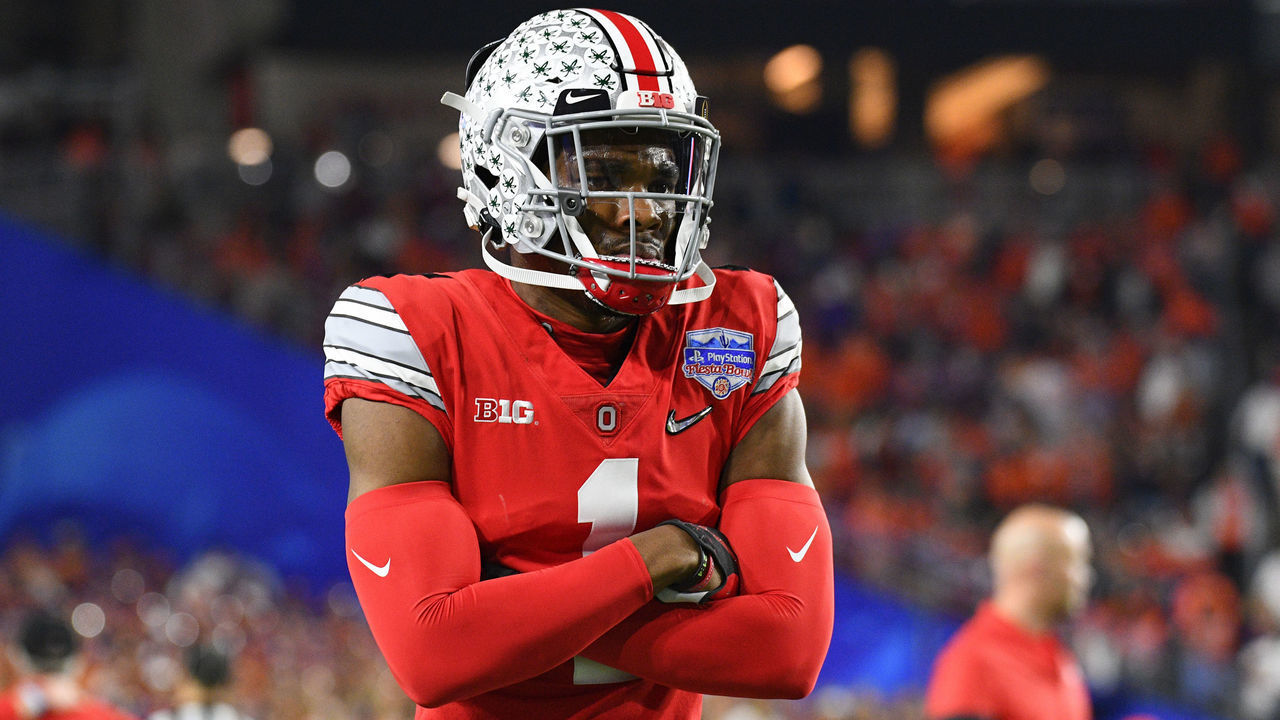GLENDALE, AZ - DECEMBER 28: Ohio State Buckeyes cornerback Jeff Okudah (1) looks on before the 2019 PlayStation Fiesta Bowl college football playoff semifinal game between the Ohio State Buckeyes and the Clemson Tigers on December 28, 2019 at State Farm Stadium in Glendale, AZ.