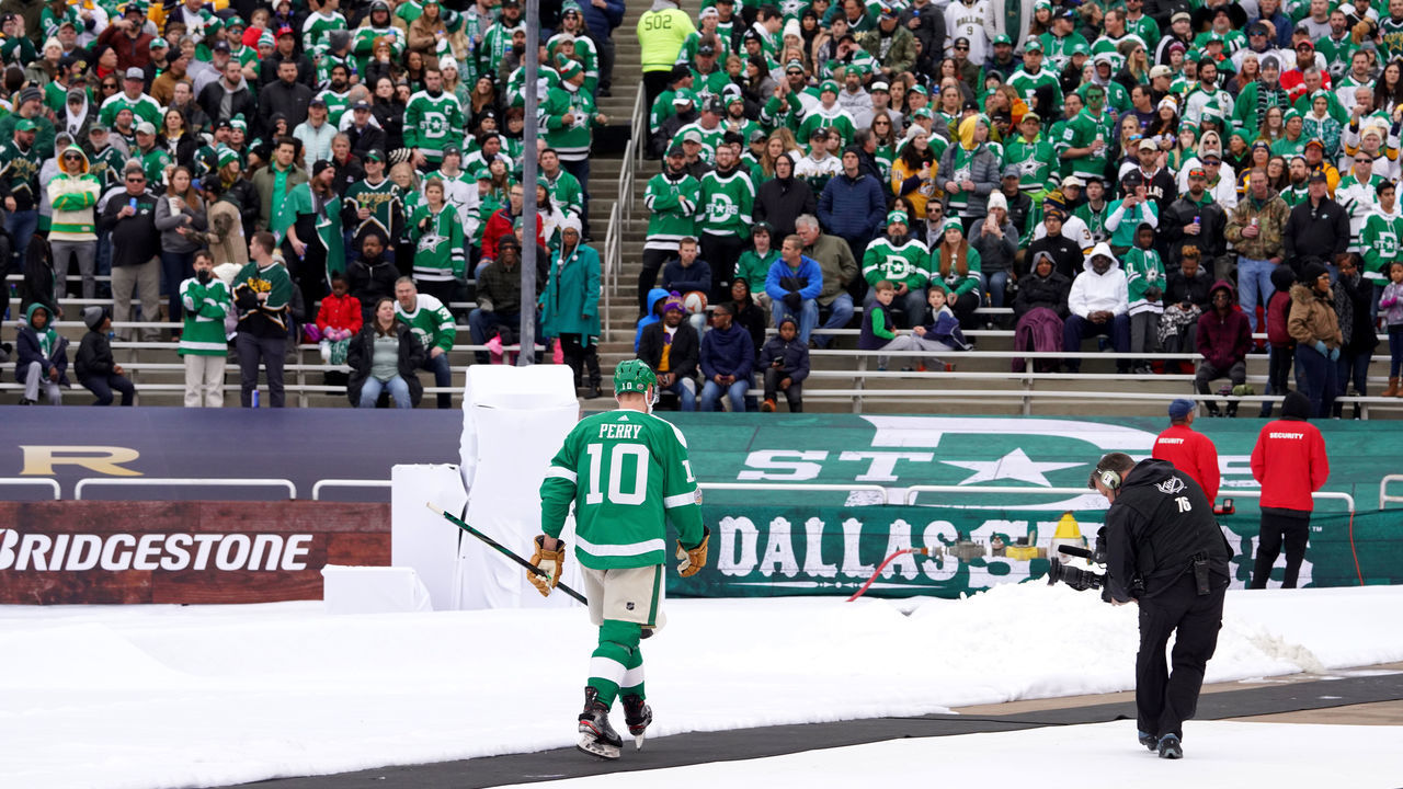 DALLAS, TEXAS - JANUARY 01: Corey Perry #10 of the Dallas Stars walks to the locker room after receiving a major penalty for elbowing and a game misconduct during the first period of the 2020 NHL Winter Classic between the Nashville Predators and the Dallas Stars at Cotton Bowl on January 01, 2020 in Dallas, Texas.
