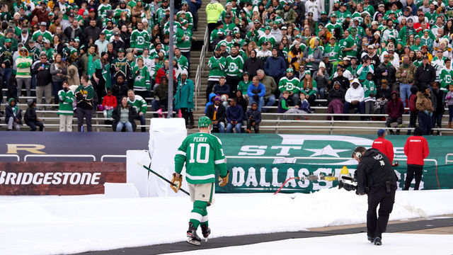 DALLAS, TEXAS - JANUARY 01: Corey Perry #10 of the Dallas Stars walks to the locker room after receiving a major penalty for elbowing and a game misconduct during the first period of the 2020 NHL Winter Classic between the Nashville Predators and the Dallas Stars at Cotton Bowl on January 01, 2020 in Dallas, Texas.
