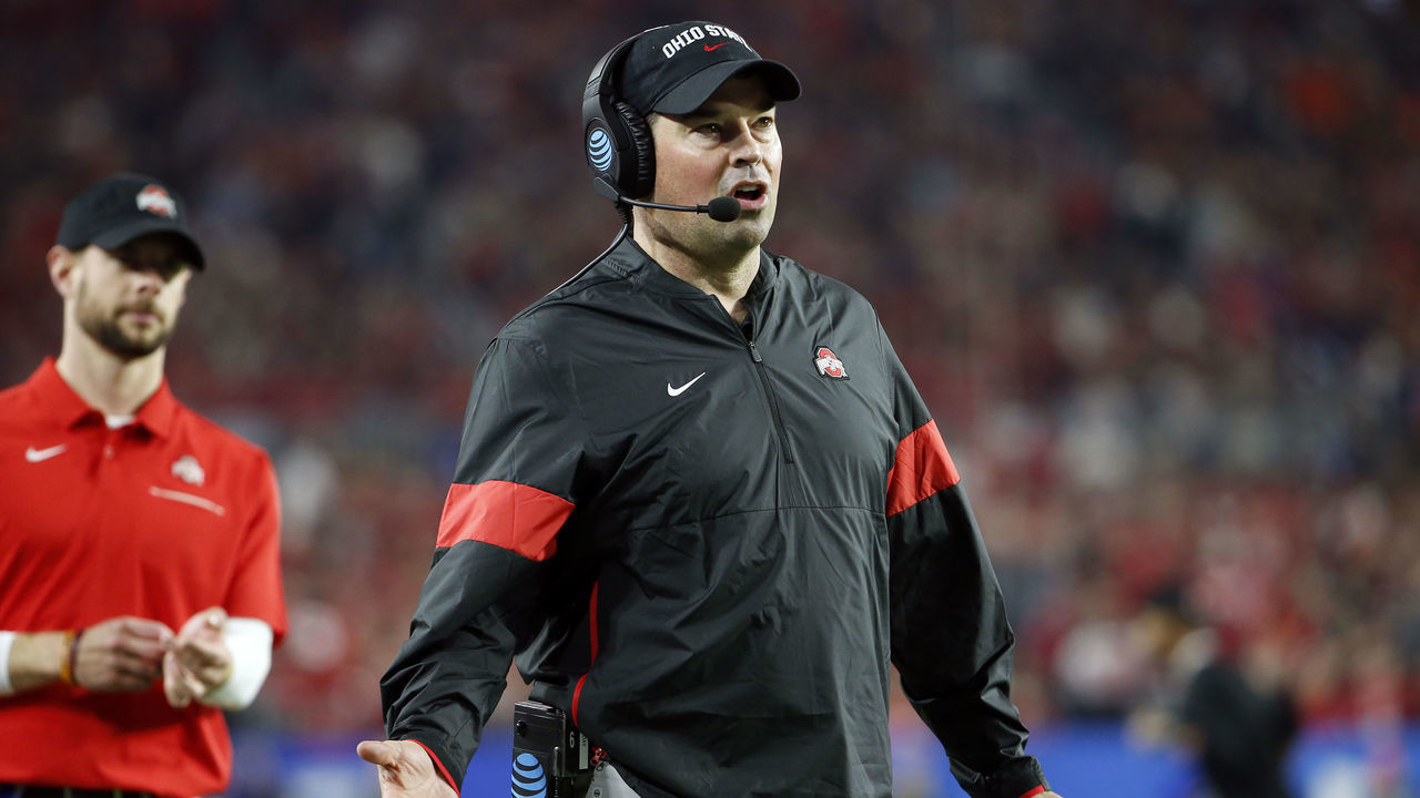 GLENDALE, ARIZONA - DECEMBER 28: Head coach Ryan Day of the Ohio State Buckeyes reacts against the Clemson Tigers in the second half during the College Football Playoff Semifinal at the PlayStation Fiesta Bowl at State Farm Stadium on December 28, 2019 in Glendale, Arizona.