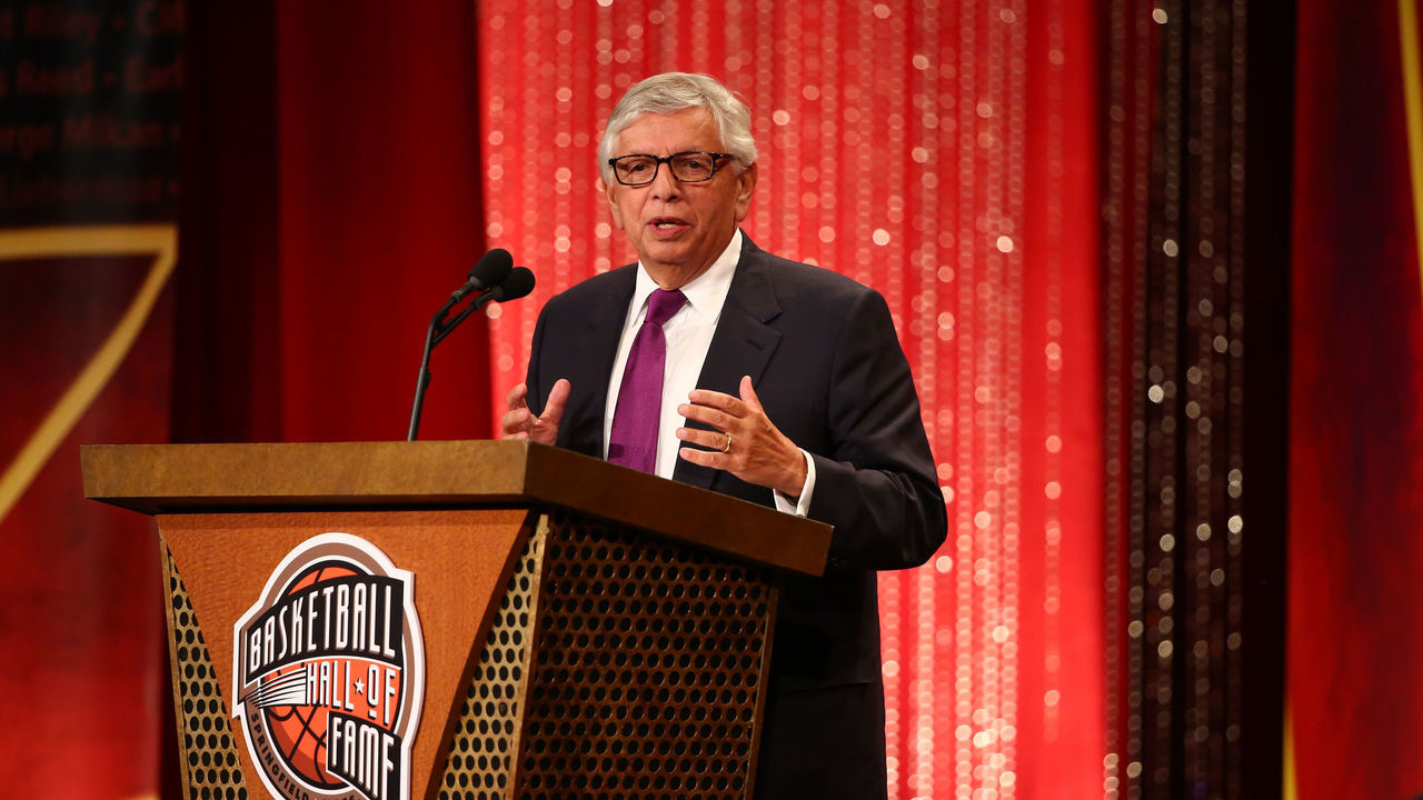 SPRINGFIELD, MA - AUGUST 8: Inductee David Stern speaks during the 2014 Basketball Hall of Fame Enshrinement Ceremony on August 8, 2014 at the Mass Mutual Center in Springfield, Massachusetts. NOTE TO USER: User expressly acknowledges and agrees that, by downloading and/or using this photograph, user is consenting to the terms and conditions of the Getty Images License Agreement. Mandatory Copyright Notice: Copyright 2014 NBAE