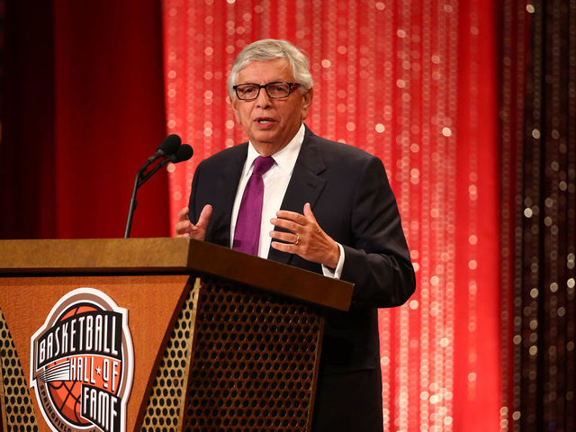 SPRINGFIELD, MA - AUGUST 8: Inductee David Stern speaks during the 2014 Basketball Hall of Fame Enshrinement Ceremony on August 8, 2014 at the Mass Mutual Center in Springfield, Massachusetts. NOTE TO USER: User expressly acknowledges and agrees that, by downloading and/or using this photograph, user is consenting to the terms and conditions of the Getty Images License Agreement. Mandatory Copyright Notice: Copyright 2014 NBAE