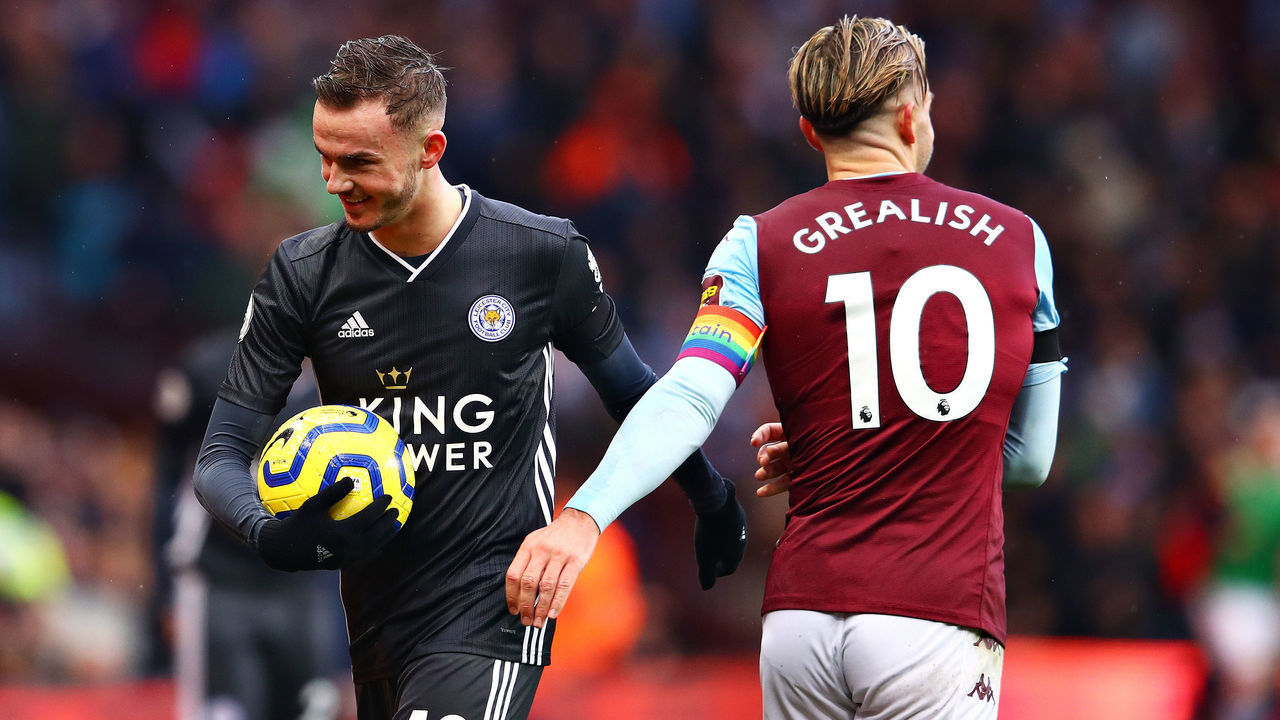 BIRMINGHAM, ENGLAND - DECEMBER 08: James Maddison of Leicester City talks with Jack Grealish of Aston Villa during the Premier League match between Aston Villa and Leicester City at Villa Park on December 08, 2019 in Birmingham, United Kingdom.