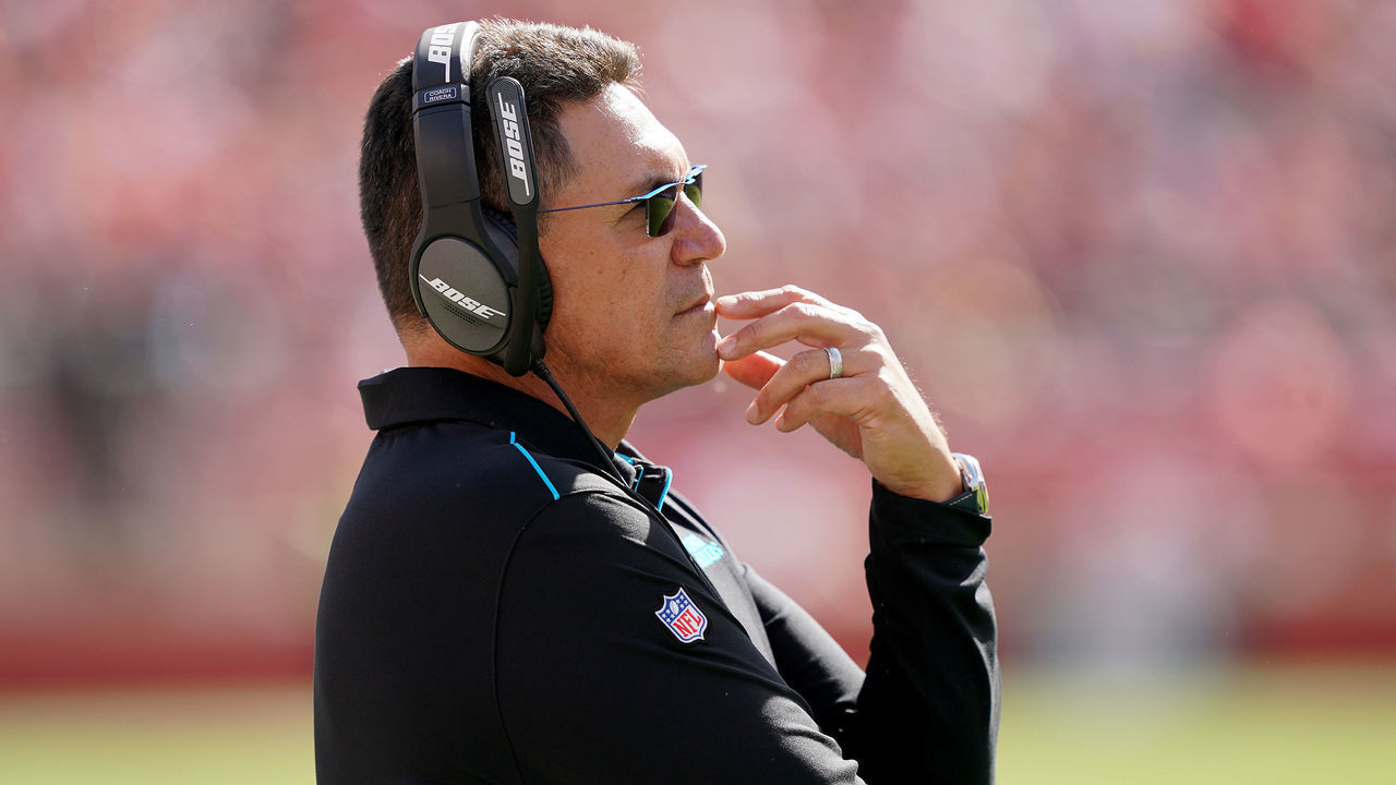 SANTA CLARA, CALIFORNIA - OCTOBER 27: Head coach Ron Rivera of the Carolina Panthers looks on from the sidelines against the San Francisco 49ers during an NFL football game at Levi's Stadium on October 27, 2019 in Santa Clara, California.