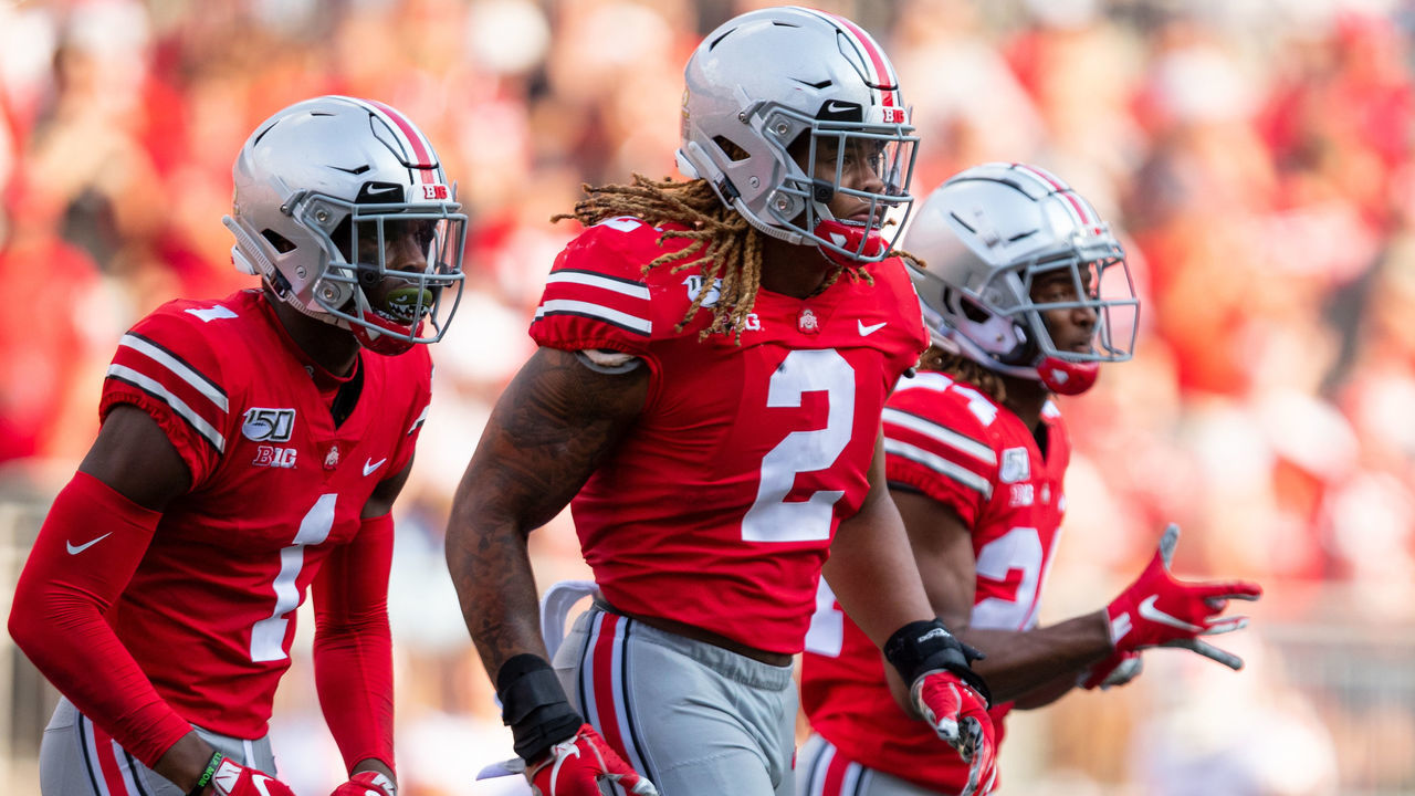 COLUMBUS, OH - SEPTEMBER 21: Chase Young #2 of the Ohio State Buckeyes jogs back to the bench with Jeff Okudah #1 of the Ohio State Buckeyes during game action between the Ohio State Buckeyes and the Miami Redhawks on September 21, 2019, at Ohio Stadium in Columbus, OH.
